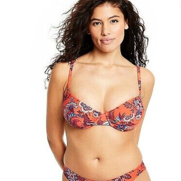 Bikini Top Underwire Leafy Floral Print D/DD - RHODE Orange Floral NWT - Picture 2 of 6